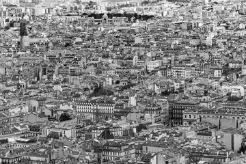 Black and white aerial view of Marseille historic center seen from Notre Dame de la Garde viewpoint, France