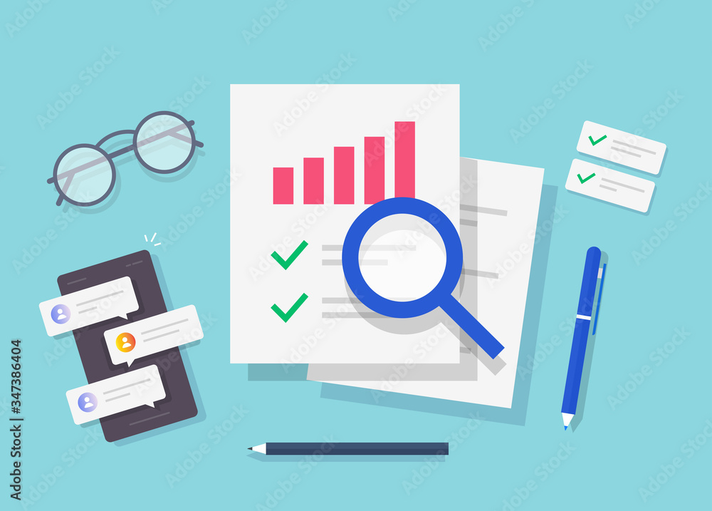Poster research of audit report or financial risk access evaluation top view working desk table vector flat