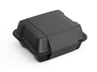 Disposable black food box container whith black paper label isolated on white background - Mock Up Template of food box container - 3d rendering