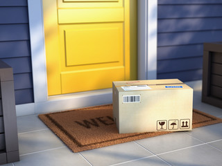 Online purchase delivery service concept. Cardboard parcel box delivered outside the door. Parcel on the door mat near entrance door. 3d rendering