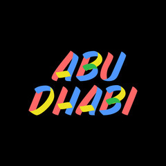 Abu Dhabi sign brush paint lettering on black background. Capital city of Arab Emirates design templates for greeting cards, overlays, posters