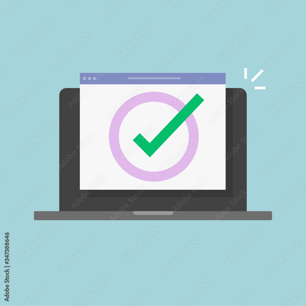 Poster check mark on laptop computer screen website or pc with updated or completed web task vector flat ca