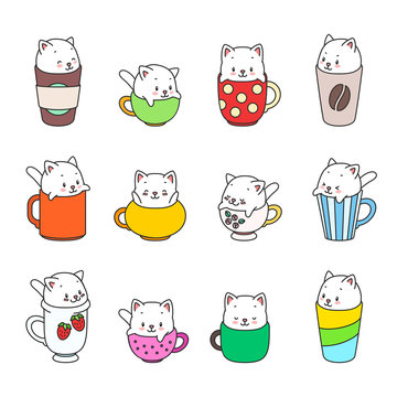 Kawaii set of little kittens. Illustration of a cute white kittens sitting in the cups. Vector 8 EPS.