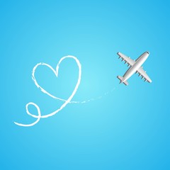 Love travel concept illustration in vector. Airplane flying and leave a white line on blue background.