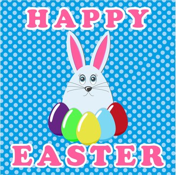 Happy Easter greeting card. An image of a hare with colorful Easter eggs. Rabbit icon.