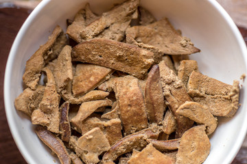 The background of the cooked meat (pork liver) put in a clean container cup, for use as part of the food (noodle soup)