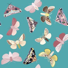 White moths on a light blue background. Seamless vector pattern with insects. Repeating square pattern for fabric and wallpaper