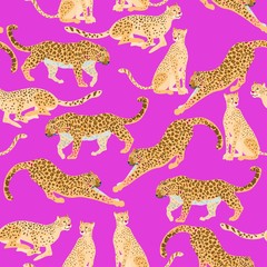 Seamless vector pattern with different big spotted cats - jaguars and leopards, on white, light cream background. Square template with predators for fabric and wallpaper