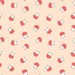 Cute kitten pattern. Illustration of cute white kittens sitting in red cups on a light brown background. Vector 8 EPS.