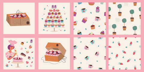 Home bakery. A female pastry chef decorates the cake with cream. Vector illustration. A set of seamless patterns.