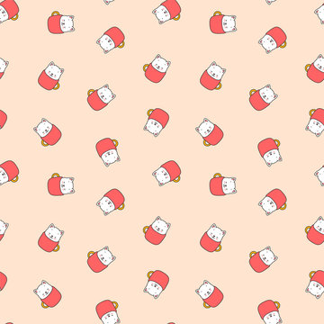 Cute kitten pattern. Illustration of cute white kittens sitting in red cups on a light brown background. Vector 8 EPS.