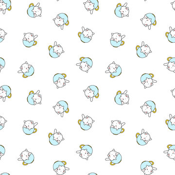 Cute kitten pattern. Illustration of cute white kittens sitting in tea cups on a white background. Vector 8 EPS.