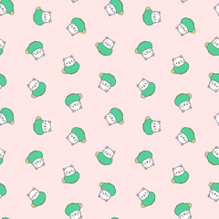 Cute kitten pattern. Illustration of cute white kittens sitting in green tea cups on a light pink background. Vector 8 EPS.