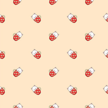 Cute kitten pattern. Illustration of cute white kittens sitting in red cups decorated with dots on a yellow background. Vector 8 EPS.