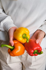 The girl holds colored bell pepper in her hands. Ripe fresh big sweet pepper. Healthy food, organic vegetables. Natural vitamins, raw ingredient for eating. Handpicked bio capsicum
