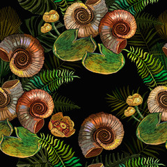 Ammonite fossil, yellow water lilies and palm leaves. Seamless pattern. Embroidery. Archeology and paleontology art. Prehistoric concept. Template for clothes. Ancient tropical forest