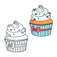 Creamy cupcake. Doodle illustrations (colored and black-n-white) of a creamy cupcake. Objects isolated on white. Vector 8 EPS.

