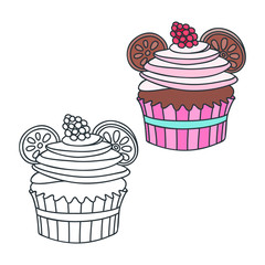 Raspberry cupcake. Doodle illustrations (colored and black-n-white) of a raspberry cupcake. Objects isolated on white. Vector 8 EPS.