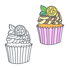 
Lemon cupcake. Doodle illustrations (colored and black-n-white) of a lemon cupcake. Objects isolated on white. Vector 8 EPS.