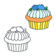 Blueberry cupcake. Doodle illustrations (colored and black-n-white) of a blueberry cupcake. Objects isolated on white. Vector 8 EPS.