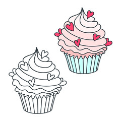 Creamy cupcake. Doodle illustrations (colored and black-n-white) of a creamy cupcake decorated with hearts. Objects isolated on white. Vector 8 EPS.
