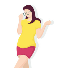 Happy woman in modern flat style, simple people and fashion concept on white background.