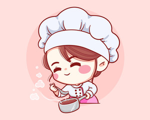 Cute Bakery chef girl taste smiling cartoon art illustration logo. Premium Vector