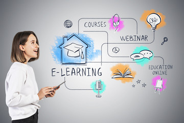 Happy teen girl with phone, e learning