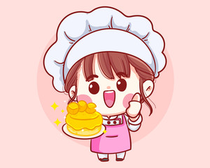 Smiling girl chefs cooking, holding cake, Bakery cartoon art illustration logo. Premium Vector
