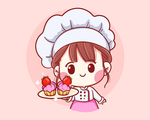 Cute Bakery chef girl Holding  strawberry cake smiling cartoon art illustration logo. Premium Vector