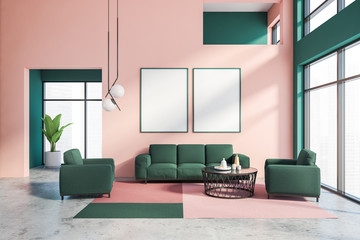Pink and green living room with poster gallery