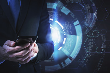 Man with smartphone, HUD interface