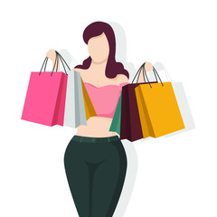 Happy woman with shopping bag in modern flat style, simple people and fashion concept on white background.