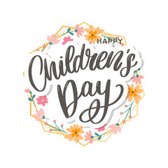 happy children's day, cute vector greeting card with funny letters in scandinavian style and cartoon landscape