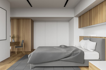White and wooden master bedroom, side view