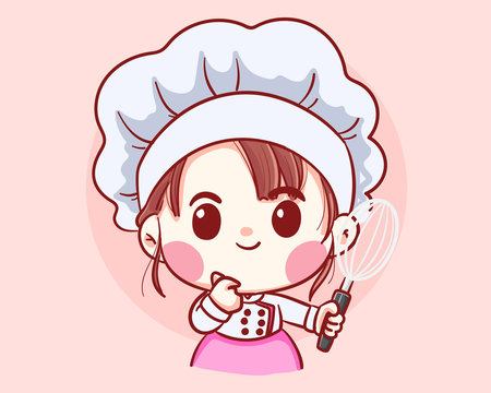 Cute  Bakery chef girl holding whisk cartoon Vector art illustration