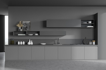 Gray kitchen interior with countertops