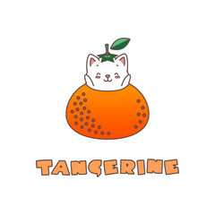 Tangerine. Kawaii illustration of a little white kitten sitting in a tangerine. Vector 8 EPS.