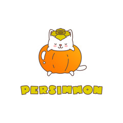 Persimmon. Kawaii illustration of a little white kitten sitting in a persimmon. Vector 8 EPS.