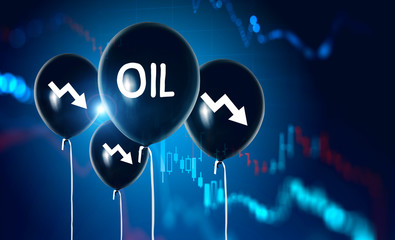 Oil balloons and falling graphs on blue