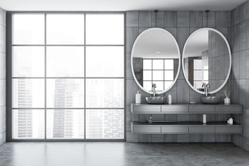 Gray wooden bathroom with double sink