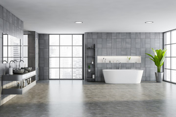 Gray wooden bathroom interior, tub and sink