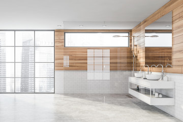 Panoramic wooden bathroom with sink and shower
