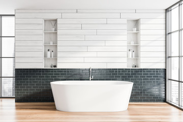 Fototapeta na wymiar Wooden and gray brick bathroom interior with tub