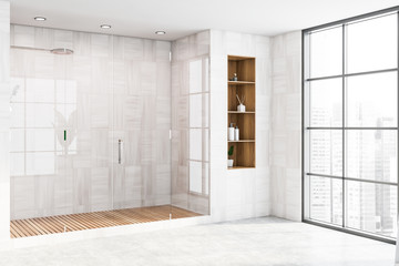 White wooden bathroom corner with shower stall