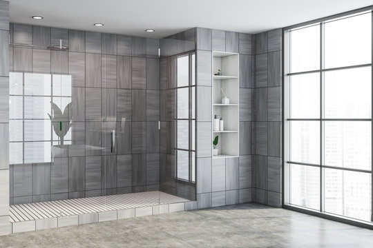 Gray wooden bathroom corner with shower stall