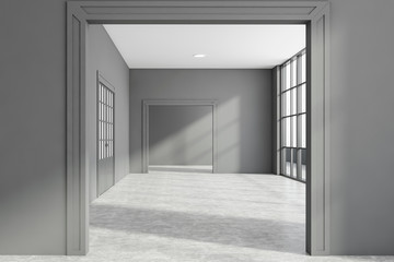Empty apartment interior with gray walls