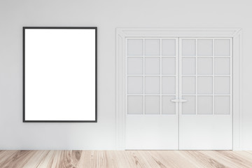 Empty white room interior with door and poster