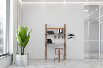 White home office interior with stool