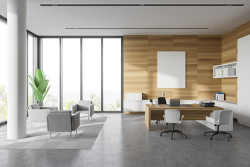 White and wood CEO office with lounge and poster